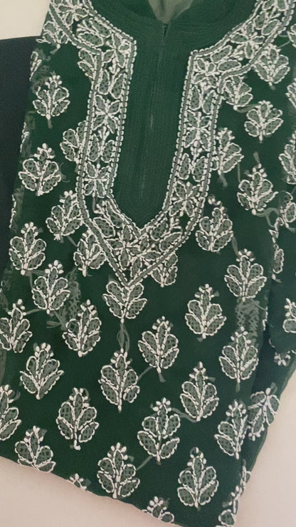 Handmade Lucknowi Chikankari Kurti -Bottle Green with matching Cotton Inner/Slip