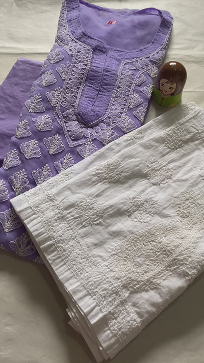 Handmade Lucknowi Chikankari Kurti -Lavender with matching Cotton Inner