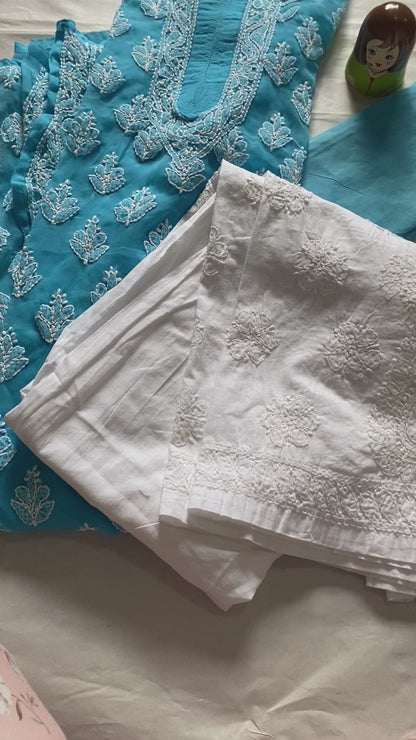 Handmade Lucknowi Chikankari Kurti -Light Blue with matching Cotton Inner.