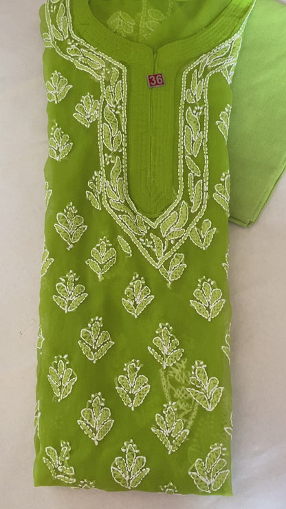 Handmade Lucknowi Chikankari Kurti -Light Green with matching Cotton Inner.