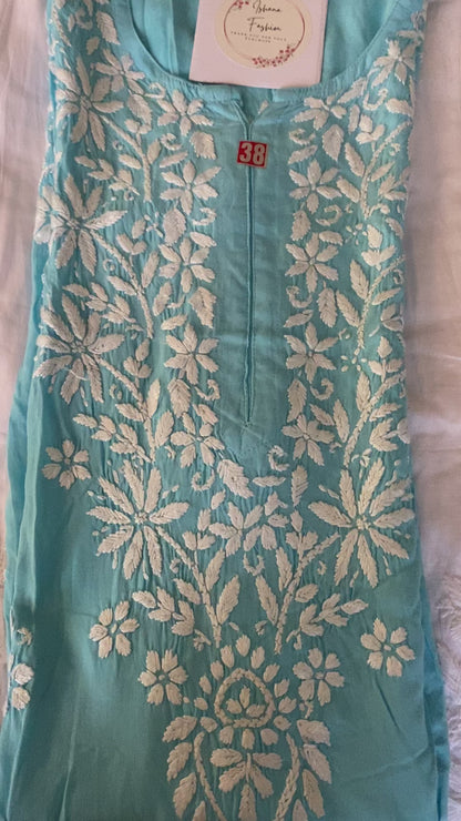 Soft Muslin Fabric Chikankari Kurti available in Sky Blue