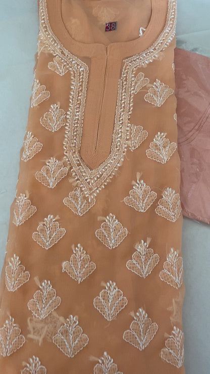 Handmade Lucknowi Chikankari Kurti -Orange with matching Cotton Inner.